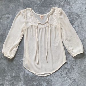 Mossimo Cream Boho Embroidered Top with Tie Neck and 3/4 Sleeves